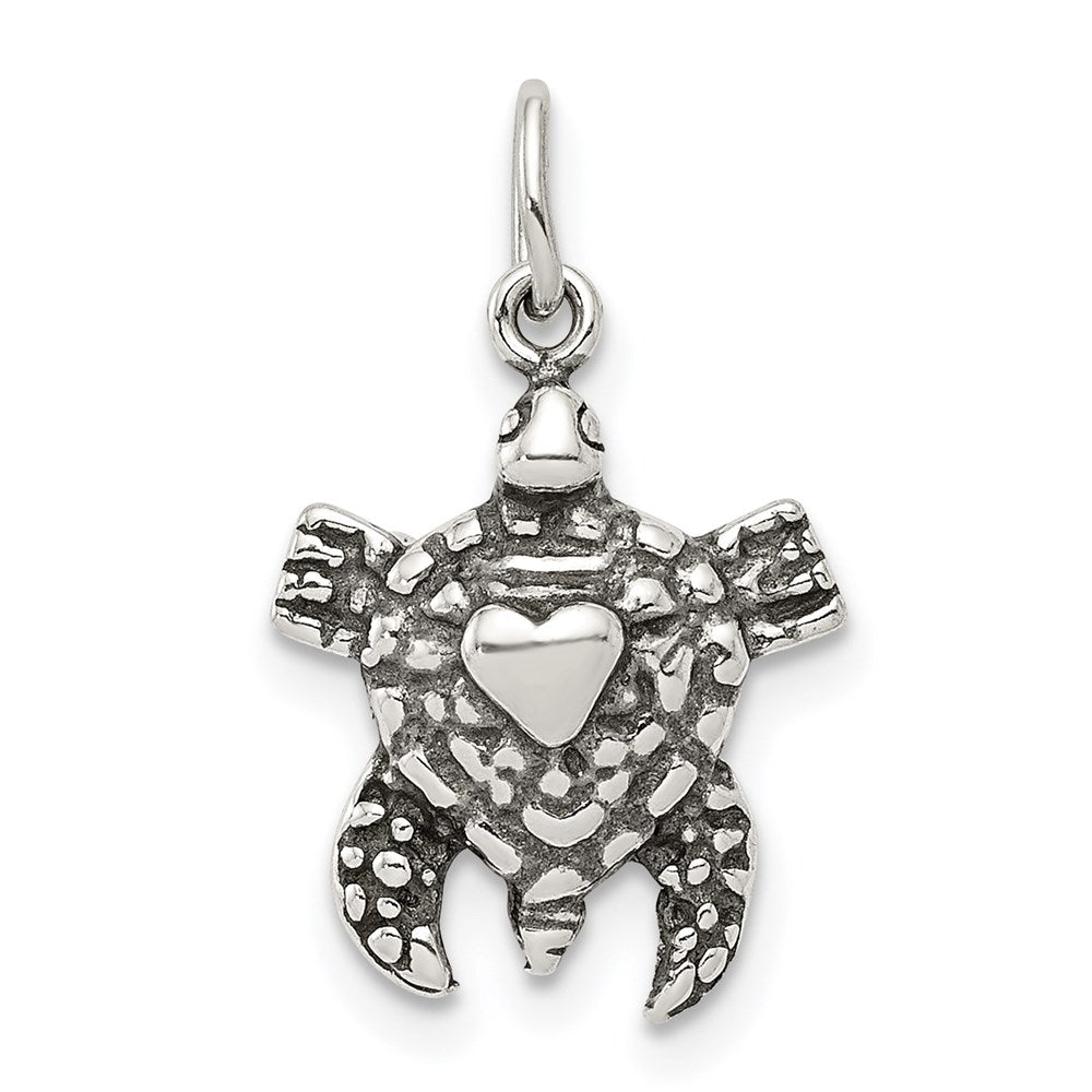 Sterling Silver Antiqued Sea Turtle Charm, 17 x 12 mm