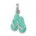 Sterling Silver Rhodium-platedGreen Enamel Flip Flops Charm, 14 x 10 mm