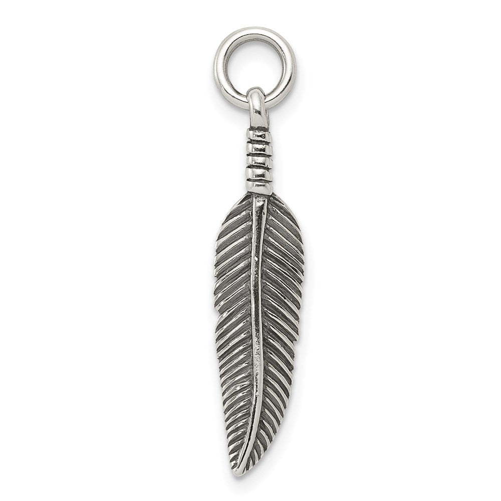 Sterling Silver Antiqued Feather Charm, 28 x 6 mm
