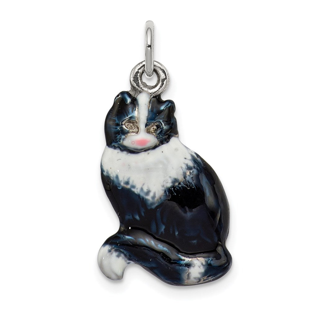 Silver Enamel Black & White Cat Charm, 19 x 13 mm