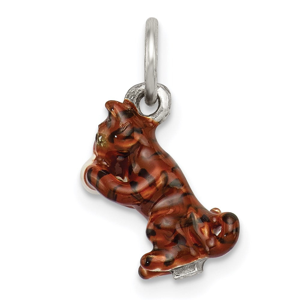 Silver Enamel Cat playing with Yarn Charm, 12 x 6 mm