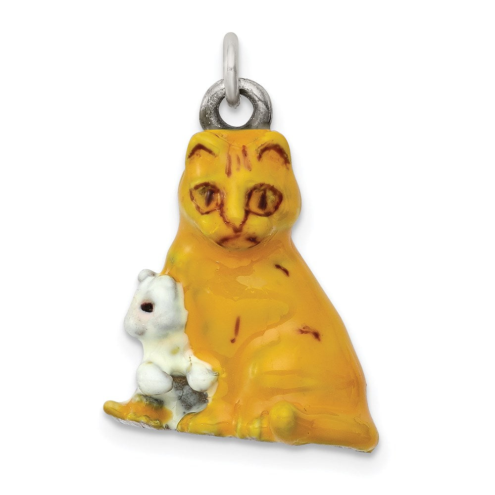 Silver Enamel Mom & Kitten Cat Charm, 21 x 16 mm