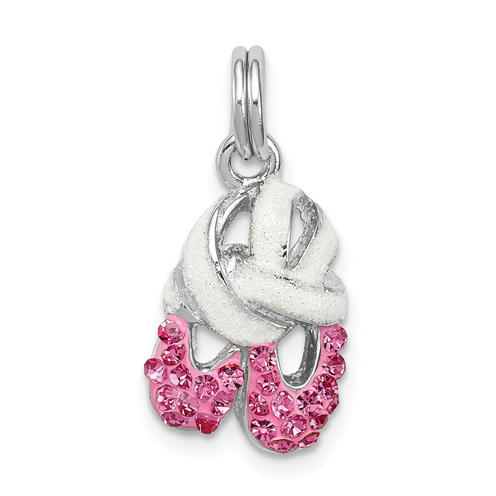 Sterling Silver Rhodium-plated Pink CZ Enamel Ballet Slipper Charm, 17 x 11 mm