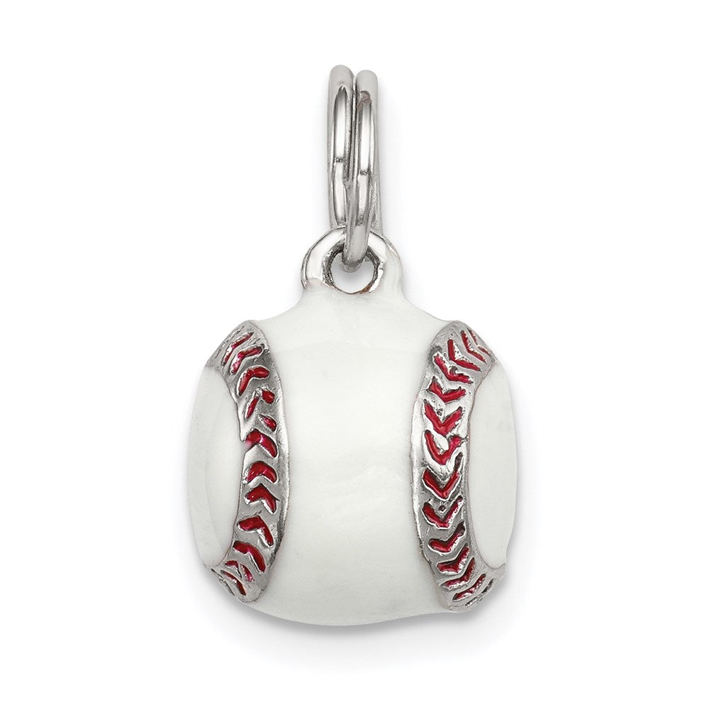 Sterling Silver Rhodium-plated 3D Enamel Baseball Charm, 11 x 11 mm