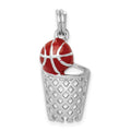 Sterling Silver Rhodium-platedEnamel Basketball & Hoop Charm, 21 x 12 mm