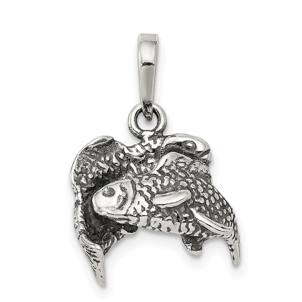 Sterling Silver Antiqued Pisces Zodiac Pendant, 14 x 13 mm