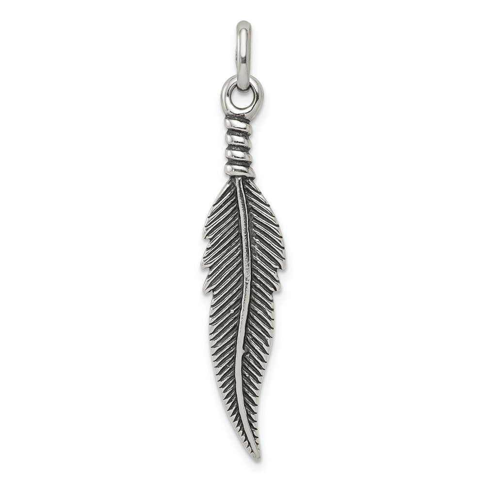 Sterling Silver Antiqued Feather Pendant, 42 x 9 mm