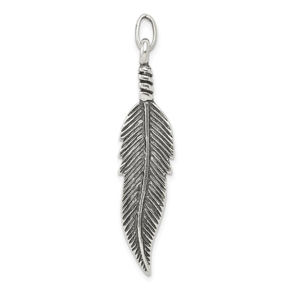 Sterling Silver Antiqued Feather Pendant, 46 x 10 mm