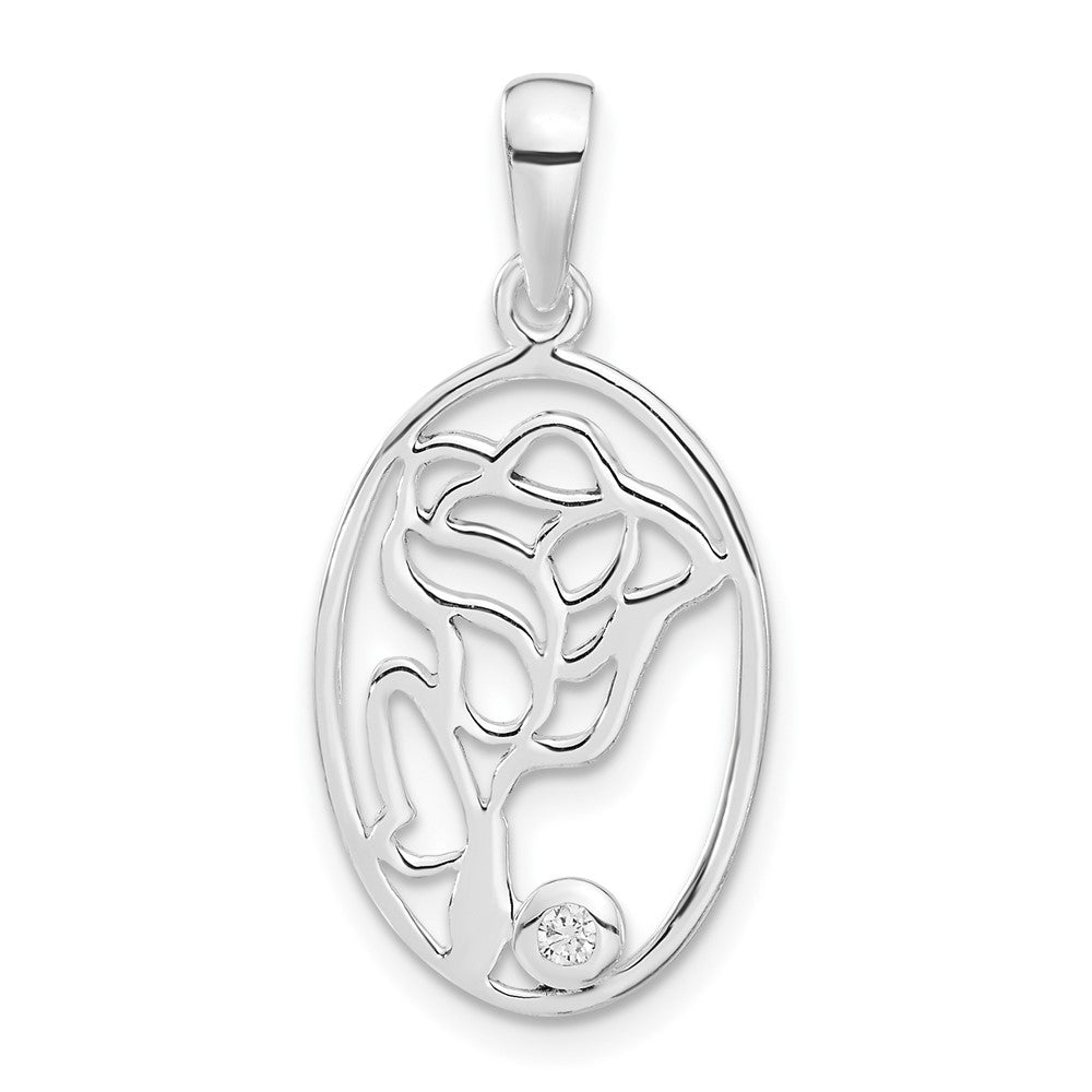 Sterling Silver Polished CZ Rose Oval Pendant, 28.6 x 14 mm