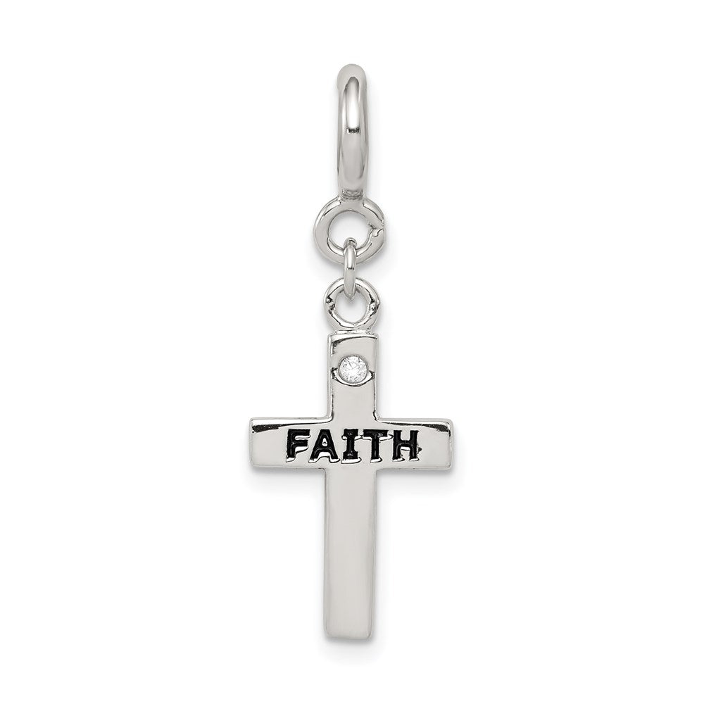 Sterling Silver Rhodium-plated CZ Faith Cross Clip-on Charm, 30 x 11 mm