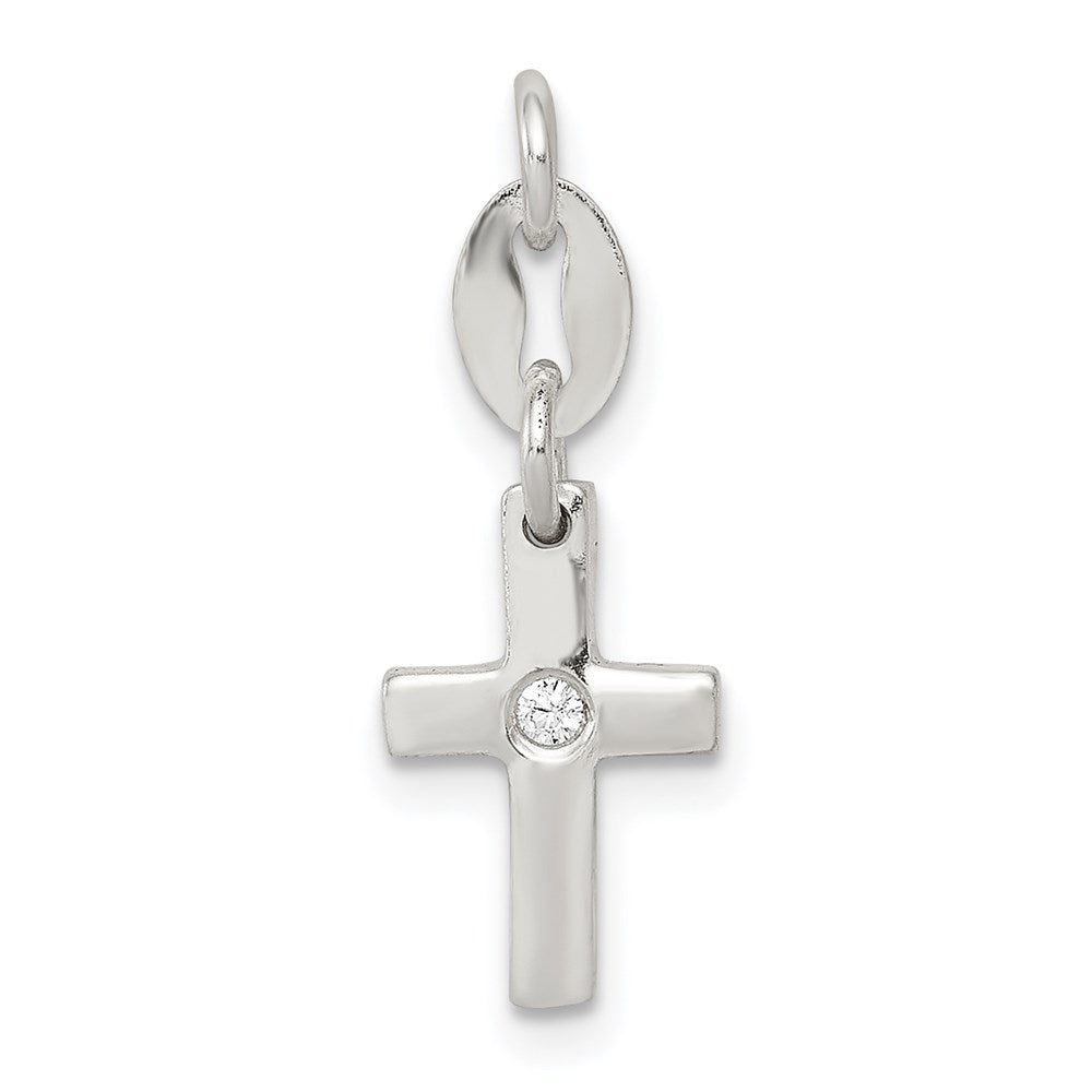 Sterling Silver & CZ Polished Cross Charm, 20 x 8 mm