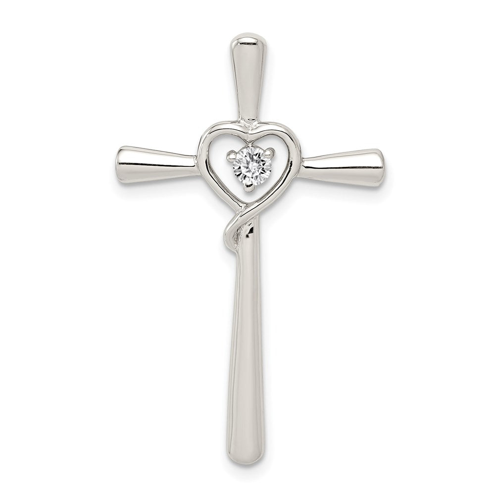 Sterling Silver Rhodium-plated CZ in Heart Cross Pendant, 36 x 22 mm