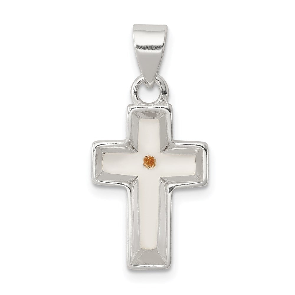 Sterling Silver Rhodium-plated Enameled Mustard Seed Cross Pendant, 25 x 12 mm