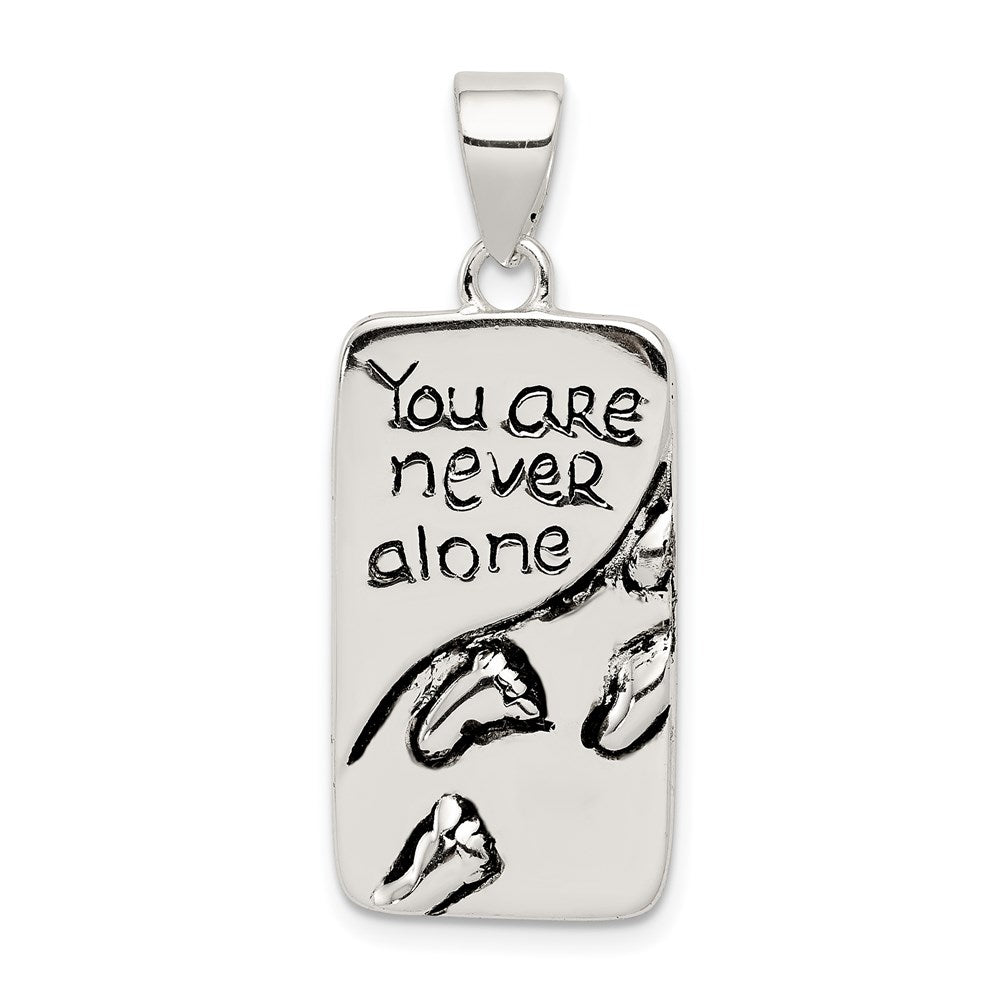 Sterling Silver You Are Never Alone Antiqued Footprint Pendant, 34 x 14 mm