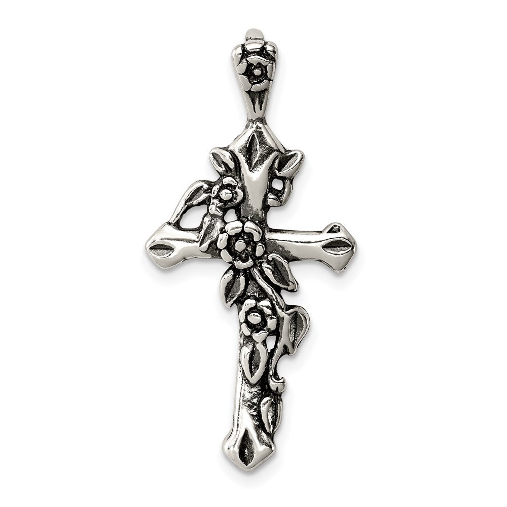 Sterling Silver Antiqued Flowered Cross Pendant, 34 x 16 mm