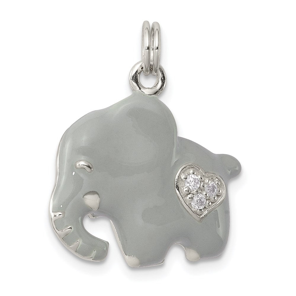 Sterling Silver CZ Grey Enameled Polished Elephant Charm, 25 x 20 mm