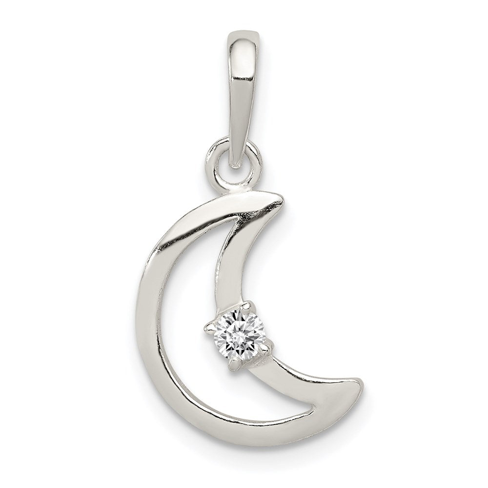 Sterling Silver & CZ Polished Moon Pendant, 25 x 12 mm