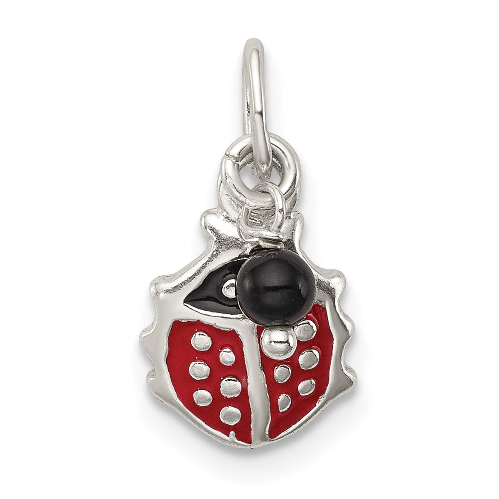 Sterling Silver Red Enameled Ladybug w/Bead Charm, 15 x 10 mm
