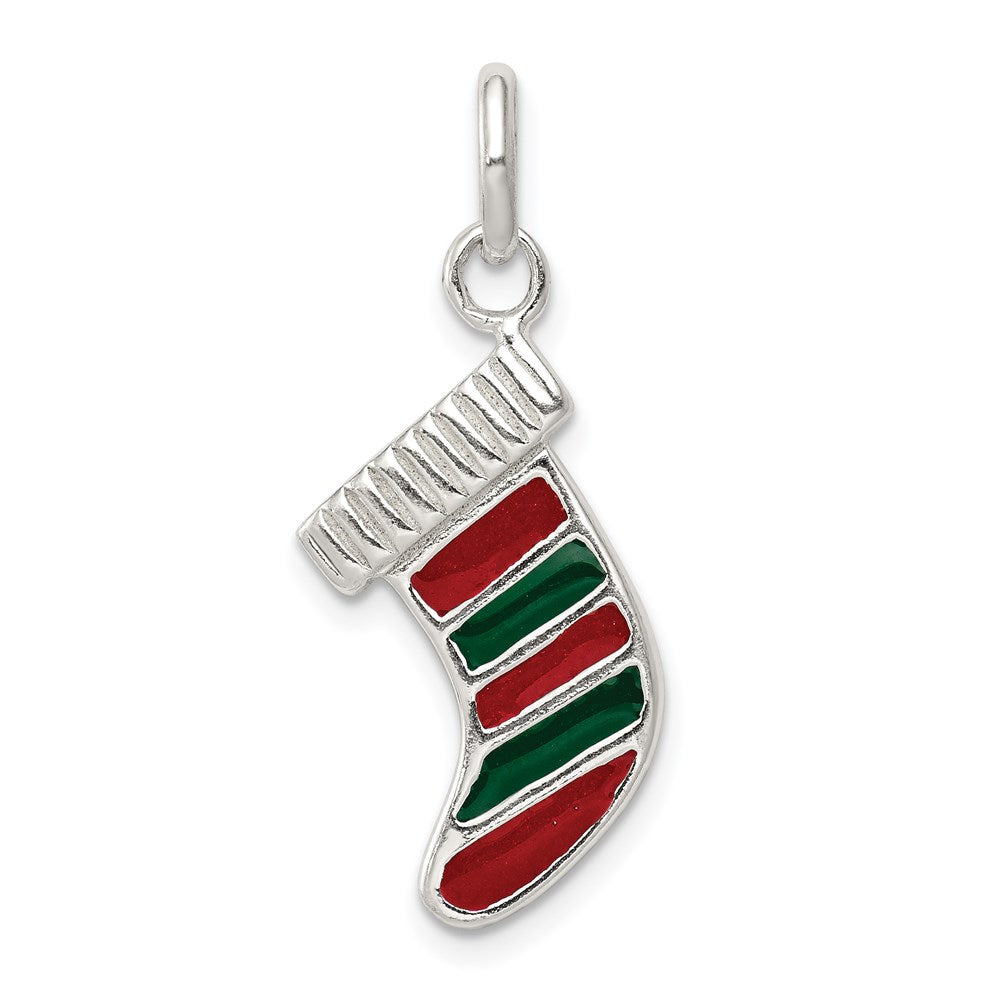 Sterling Silver Enameled Christmas Stocking Charm, 30 x 10 mm