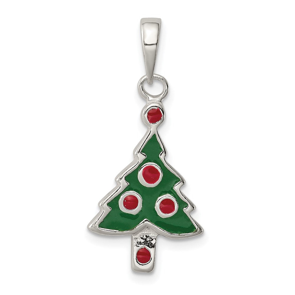Sterling Silver Enameled Christmas Tree Pendant, 25 x 10 mm