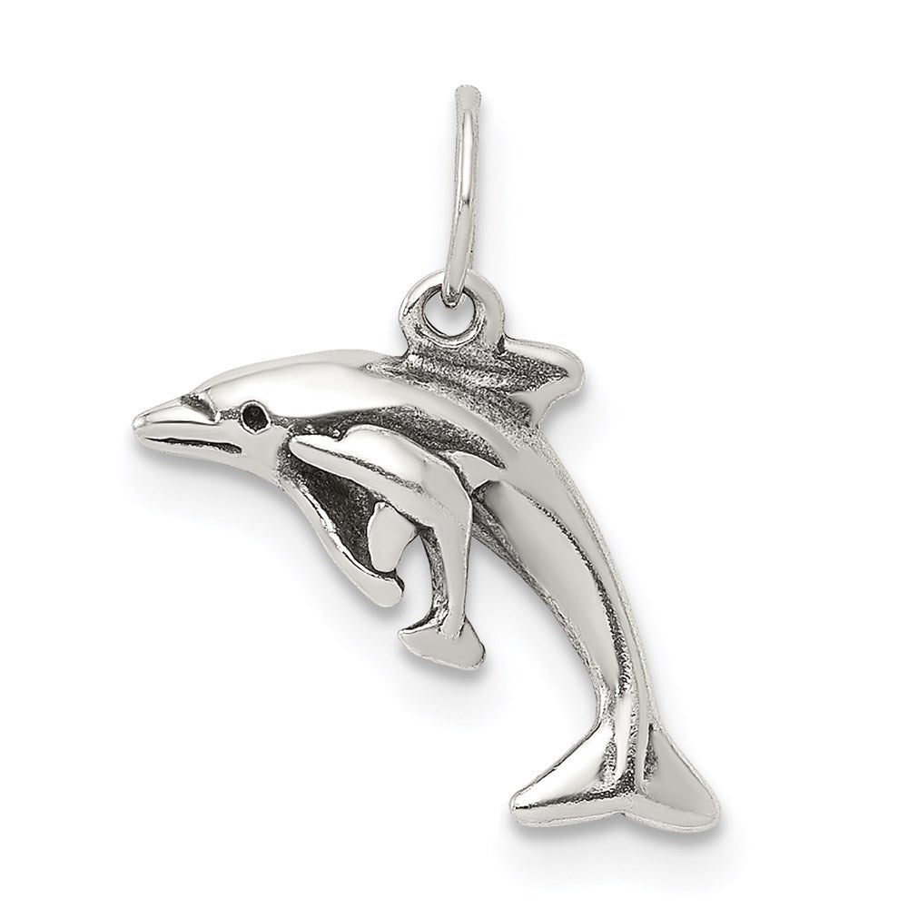Sterling Silver Antiqued Dolphin w/Baby Charm, 15 x 18 mm