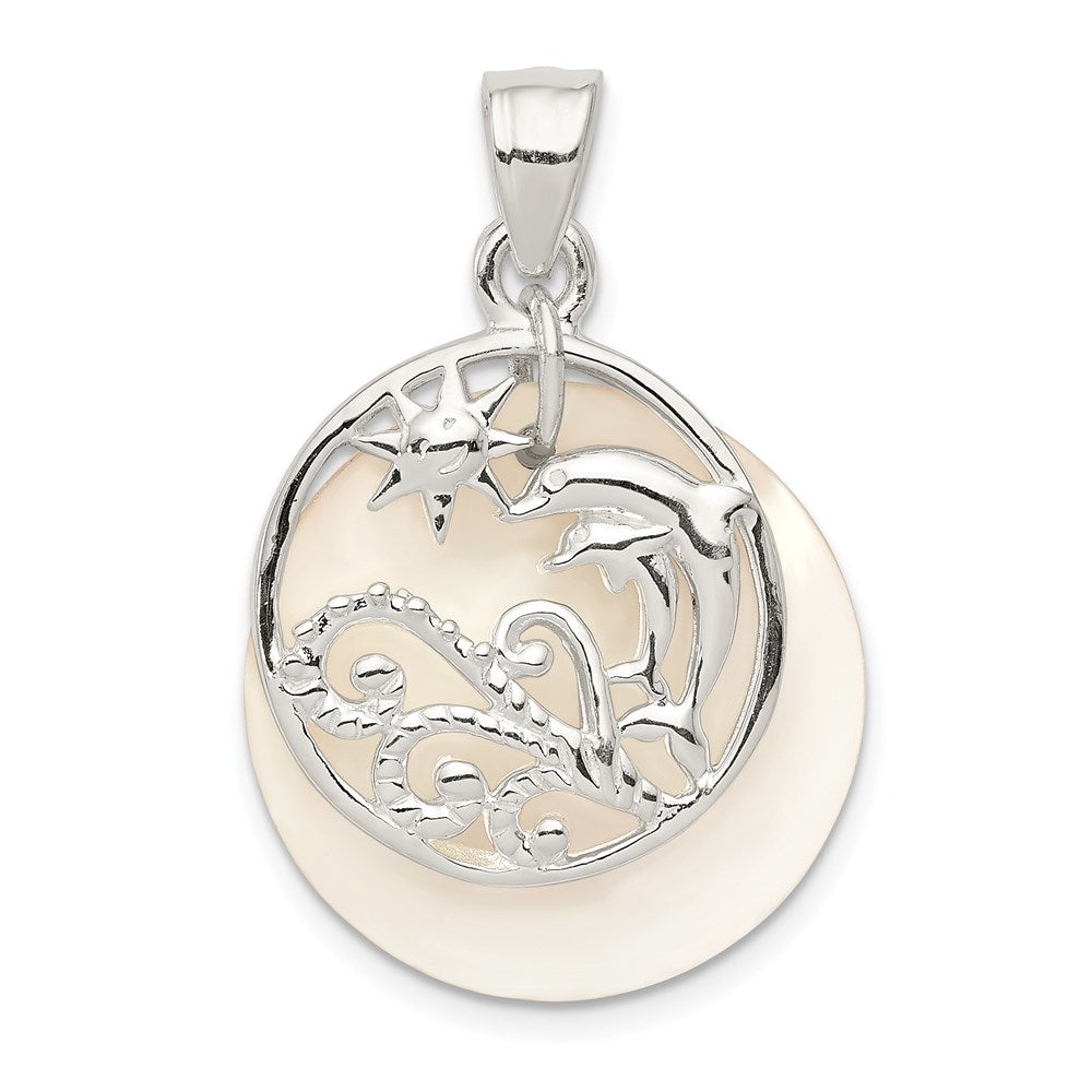 Sterling Silver Polished Dolphin & Waves Mother of Pearl Pendant, 30 x 20 mm