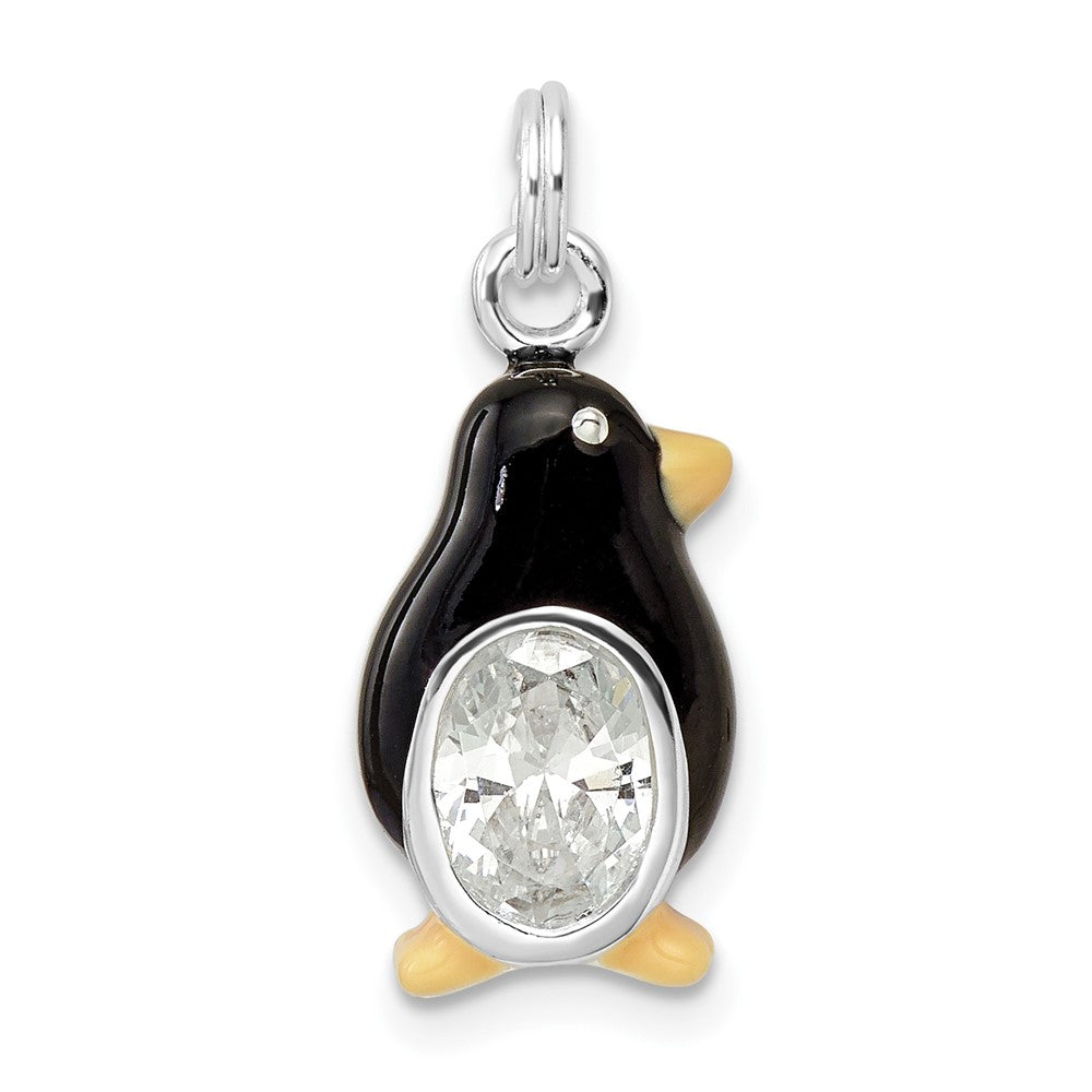 Sterling Silver CZ Enameled Polished Penguin Charm, 22 x 10 mm