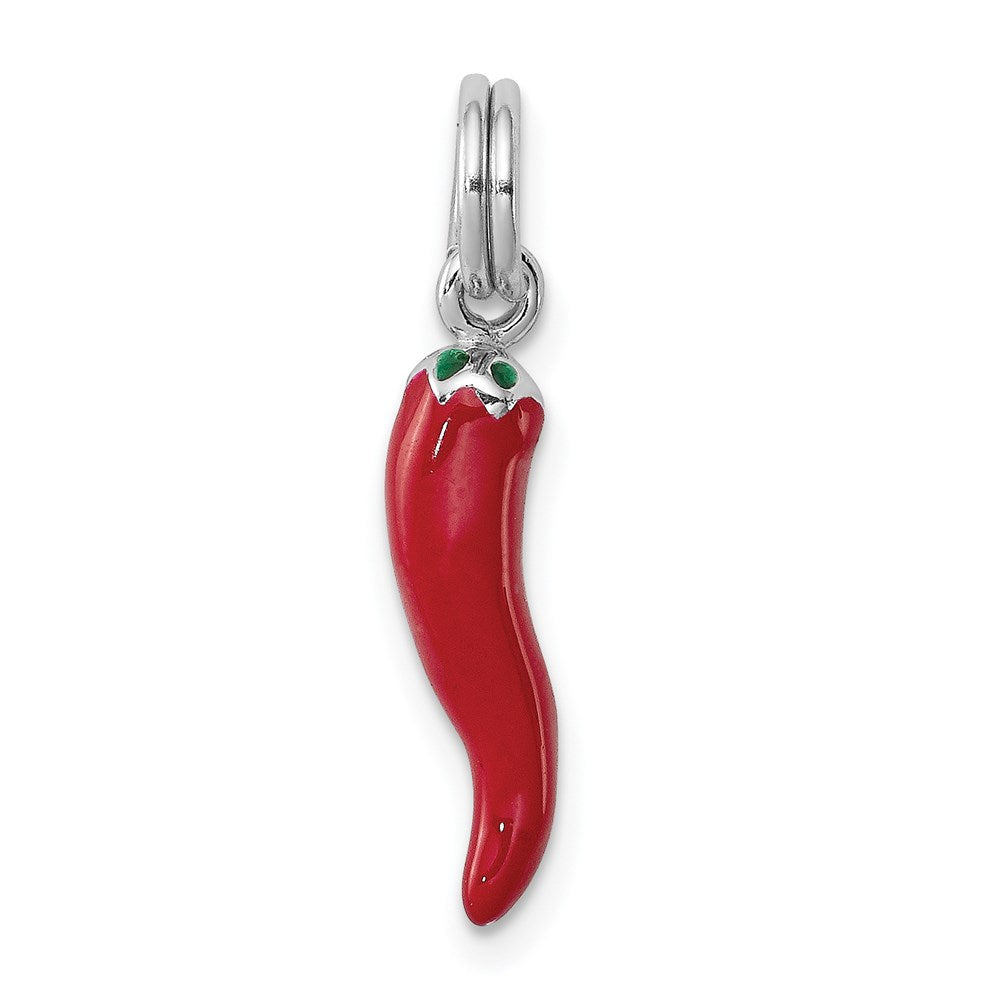 Sterling Silver Rhodium Plated Red Enamel with Green Enamel Accent Pepper Charm, 22 x 4.5 mm