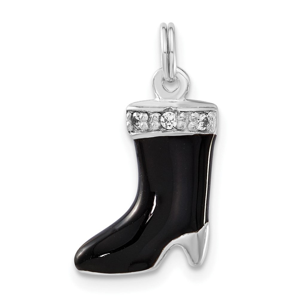 Sterling Silver Polished CZ & Black Enamel Boot Charm, 21.75 x 11.3 mm