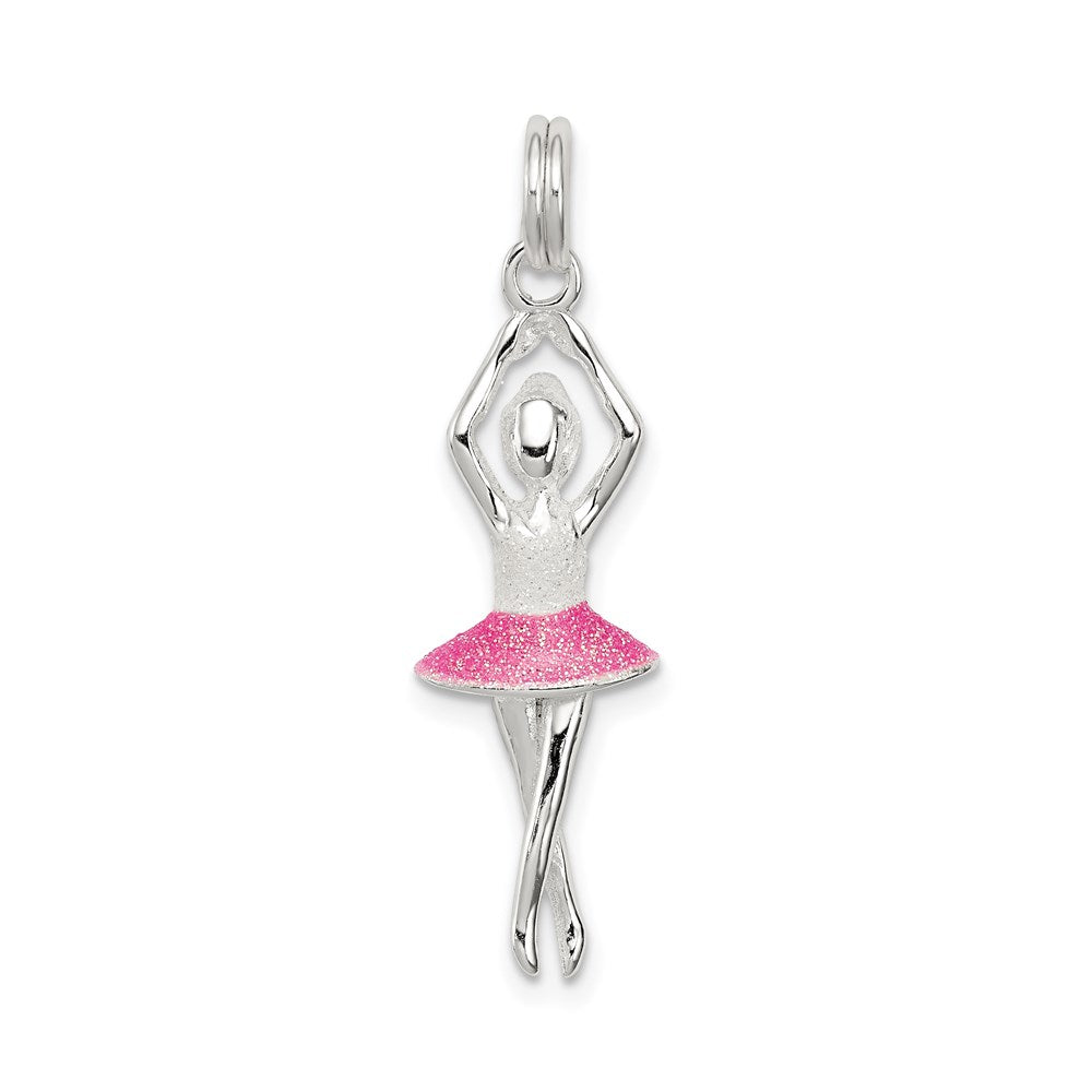 Sterling Silver Pink & White Enamel with Glitter Ballerina Charm, 25 x 9 mm
