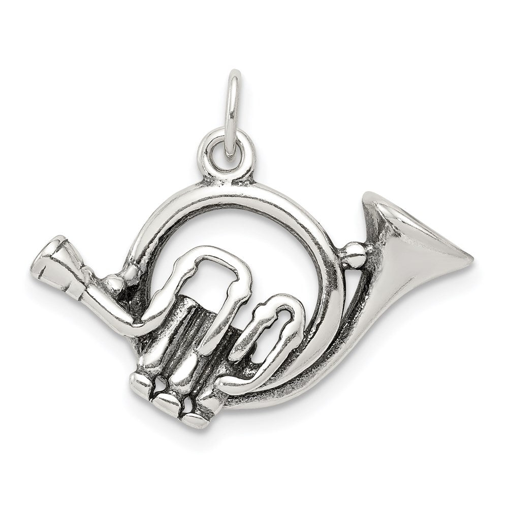 Sterling Silver Antiqued French Horn Charm, 18 x 25 mm