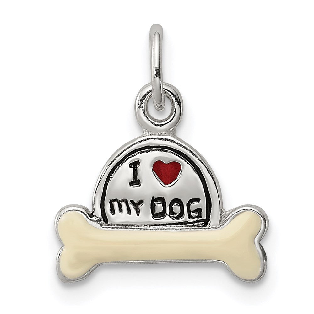 Sterling Silver Enameled I Love My Dog Charm, 15 x 12 mm