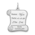 Sterling Silver Rhodium-plated Personalizable Birth Certificate Charm, 23 x 19 mm