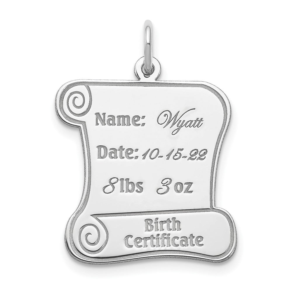Sterling Silver Rhodium-plated Personalizable Birth Certificate Charm, 23 x 19 mm