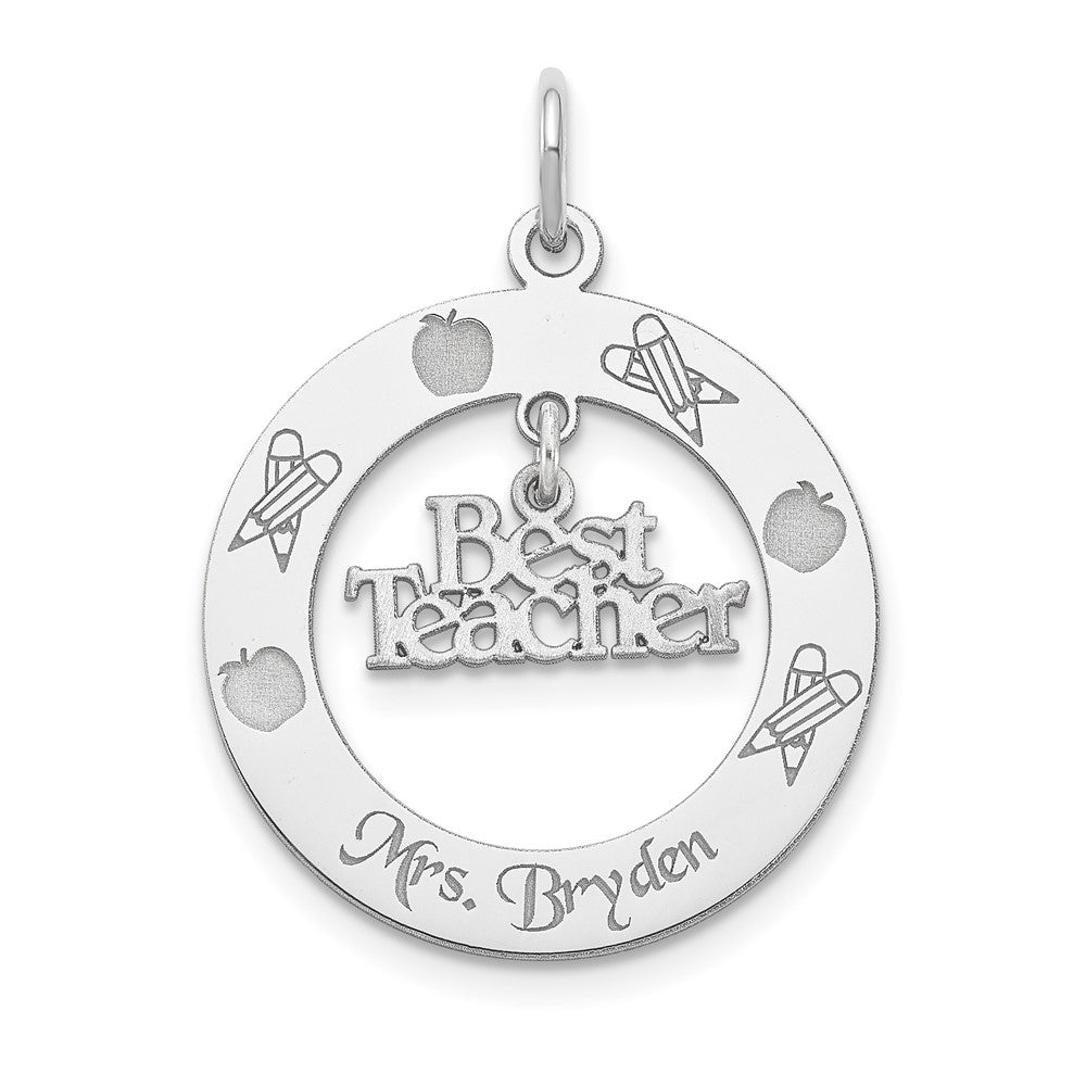 Sterling Silver Rhodium-plated Personalizable Best Teacher Charm, 30 x 22 mm