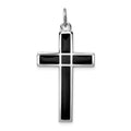 Sterling Silver Platinum-plated Brushed & Polished Enml Black Cross Pendant, 36 x 21 mm