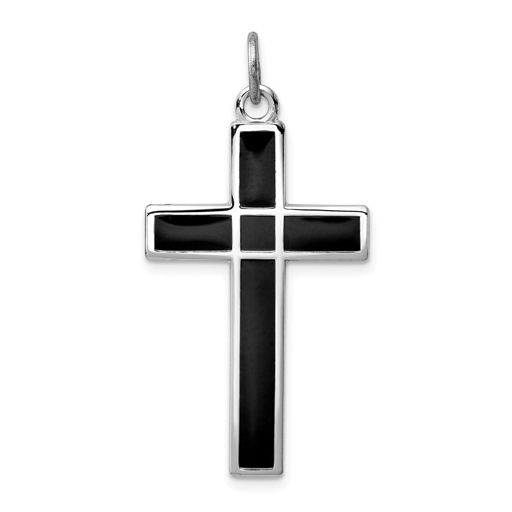 Sterling Silver Platinum-plated Brushed & Polished Enml Black Cross Pendant, 36 x 21 mm