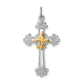 Sterling Silver Platinum-plated & Gold-plated Cross & Fleur de lis Pendant, 28 x 17 mm