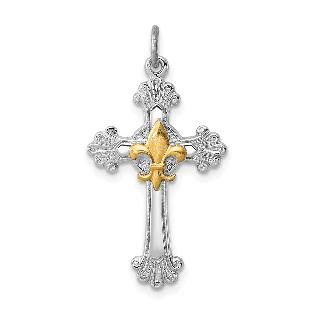 Sterling Silver Platinum-plated & Gold-plated Cross & Fleur de lis Pendant, 28 x 17 mm