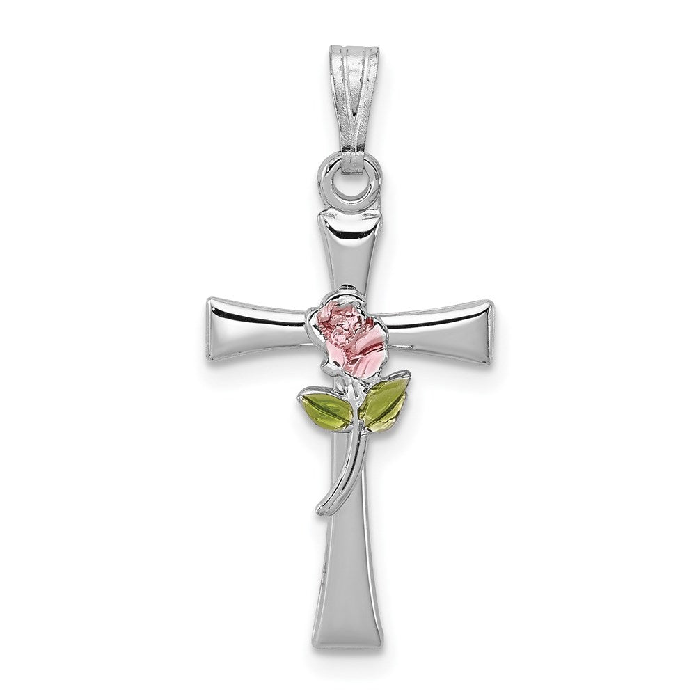 Sterling Silver Platinum-plated Cross with Epoxy Rose Center Pendant, 23 x 13 mm