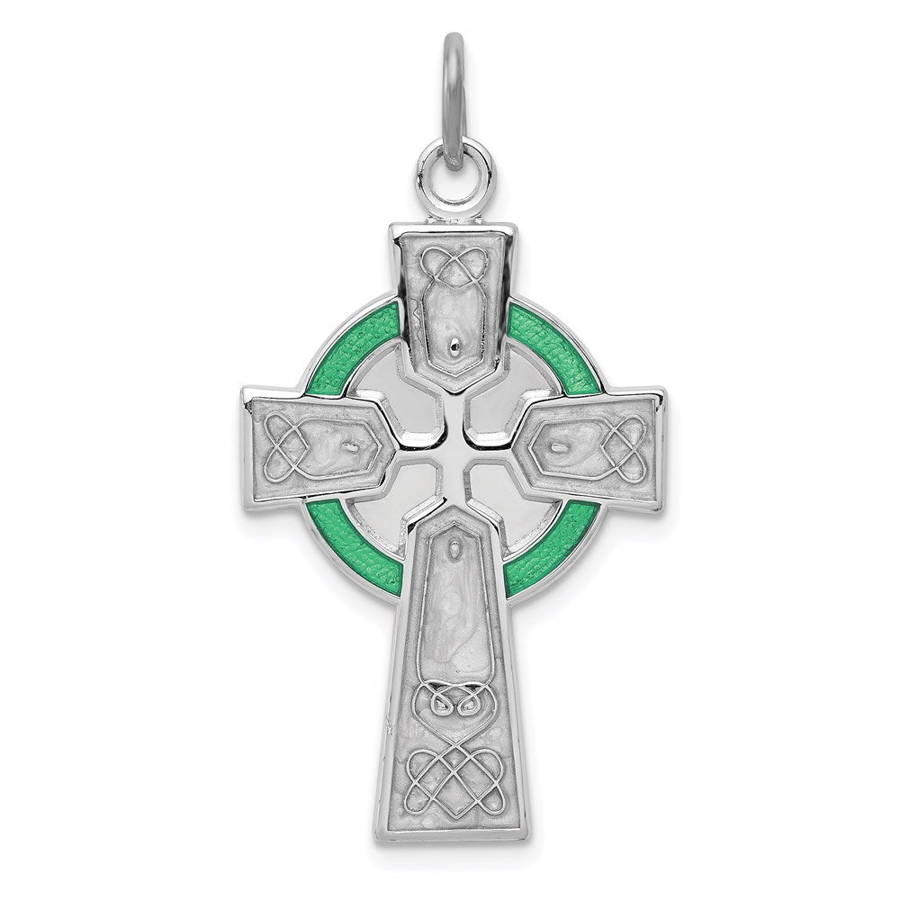 Sterling Silver Platinum-plated Polished Epoxy Irish Cross Pendant, 33 x 19 mm