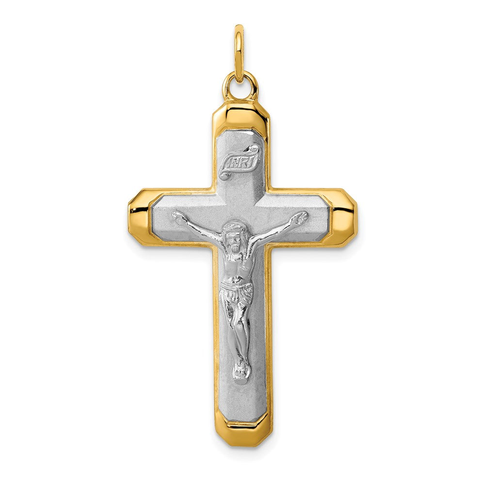 Sterling Silver Platinum-plated Satin/Polished Vermeil Corpus Cross Pendant, 38 x 23 mm