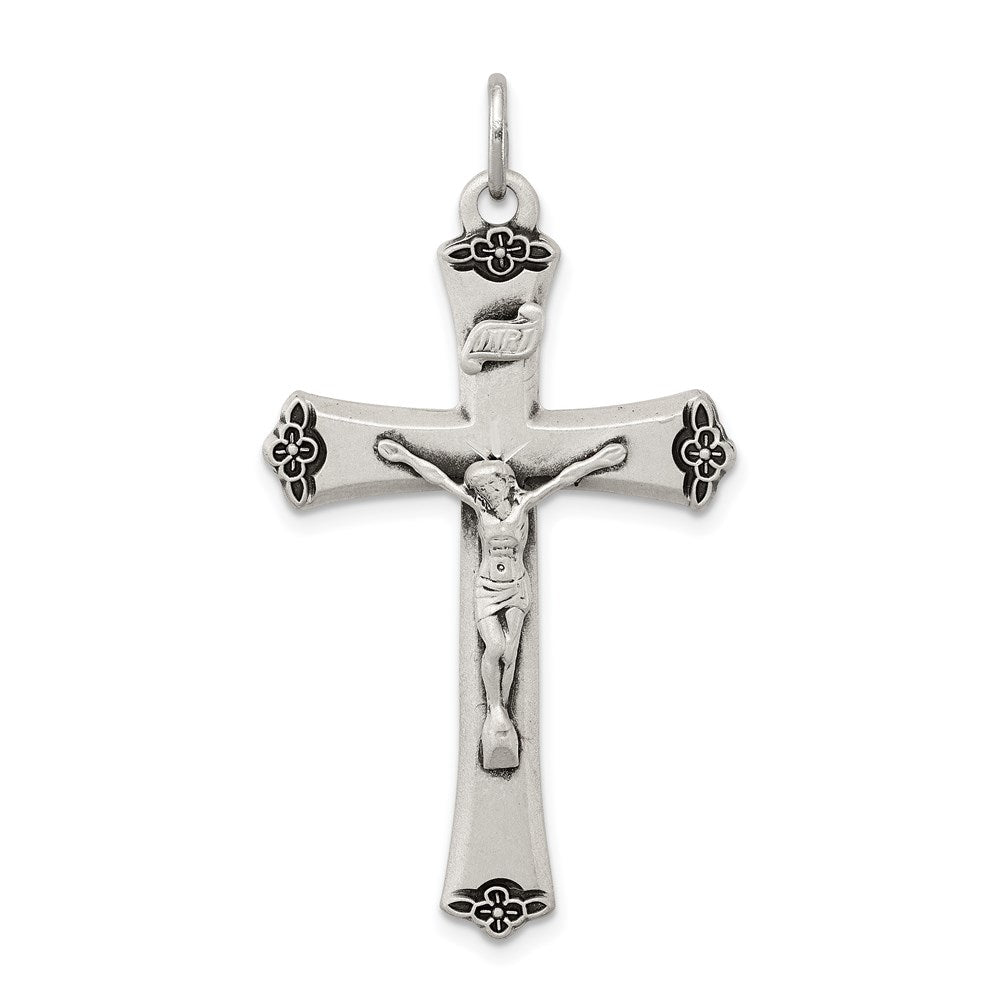 Sterling Silver Antiqued Satin Halo and Corpus Cross Pendant, 44 x 23 mm