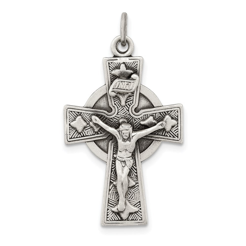Sterling Silver Antiqued Satin Irish Crucifix Cross Pendant, 33 x 18 mm