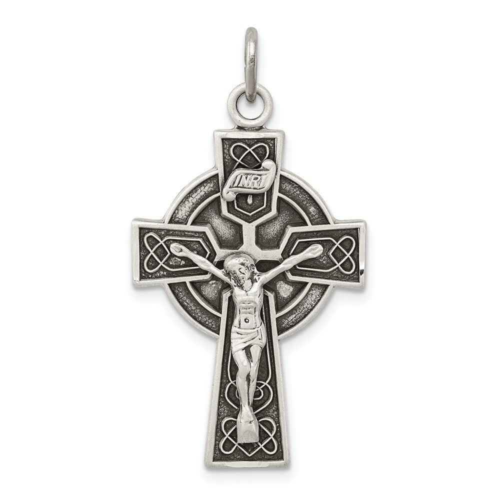 Sterling Silver Antiqued Satin Irish Crucifix Cross Pendant, 37 x 19 mm