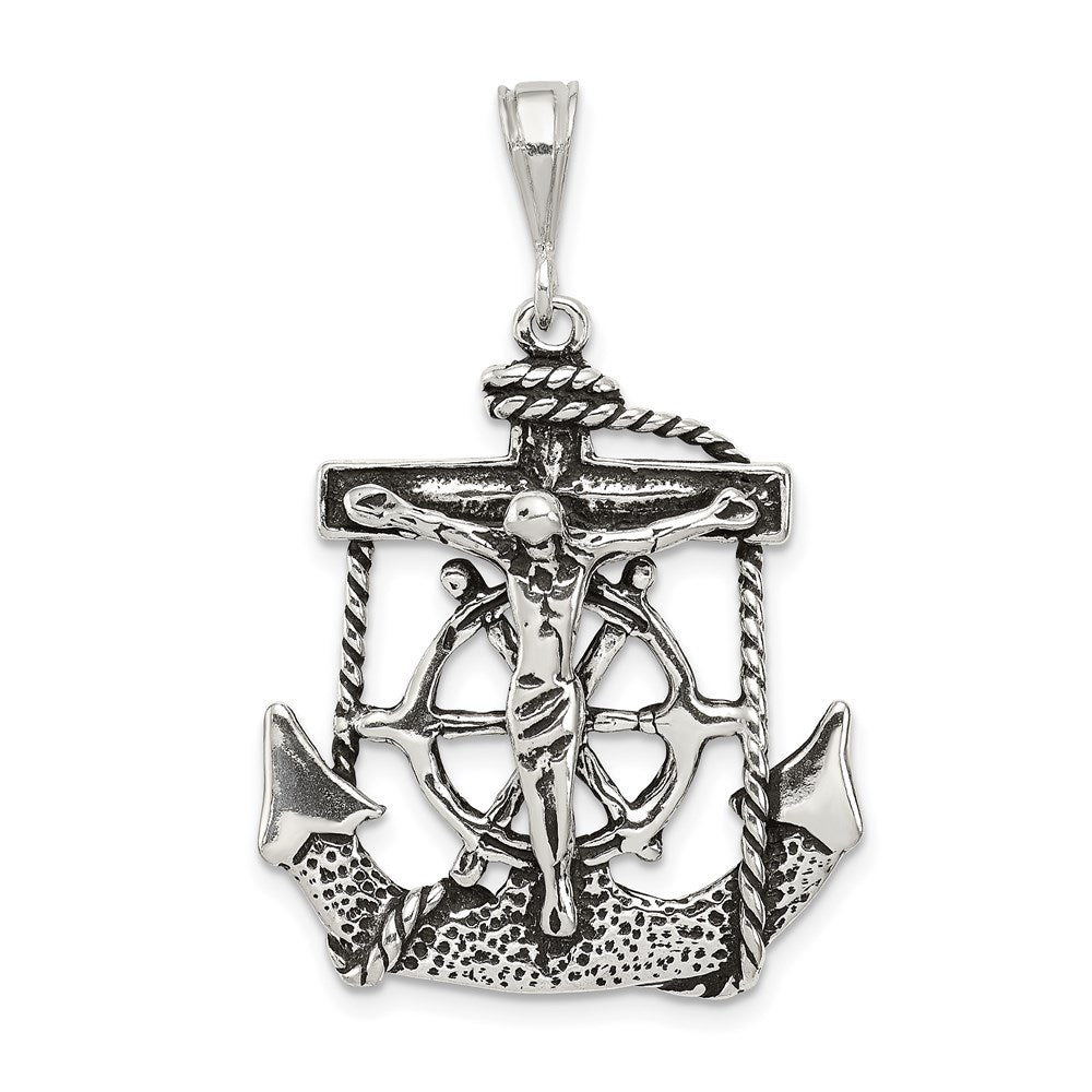 Sterling Silver Antiqued Mariner Crucifix Charm, 38 x 23 mm