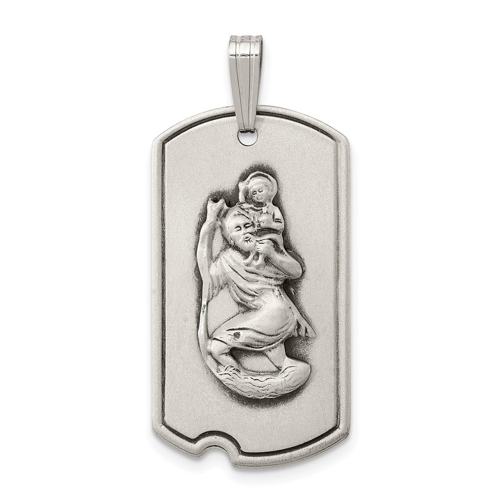 Sterling Silver Satin Antiqued St. Christopher Dog Tag Pendant, 36 x 16 mm