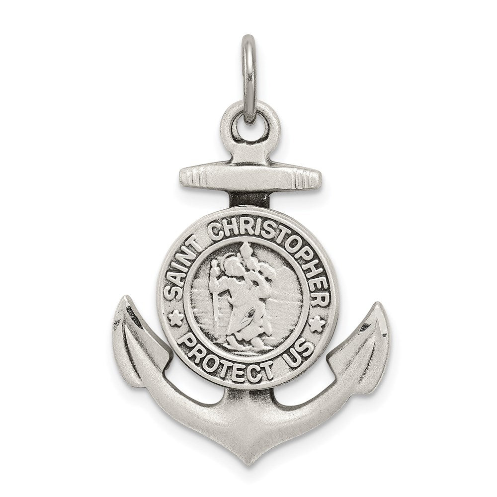 Sterling Silver Antiqued Satin St Christopher Anchor Medal Pendant, 33 x 20 mm