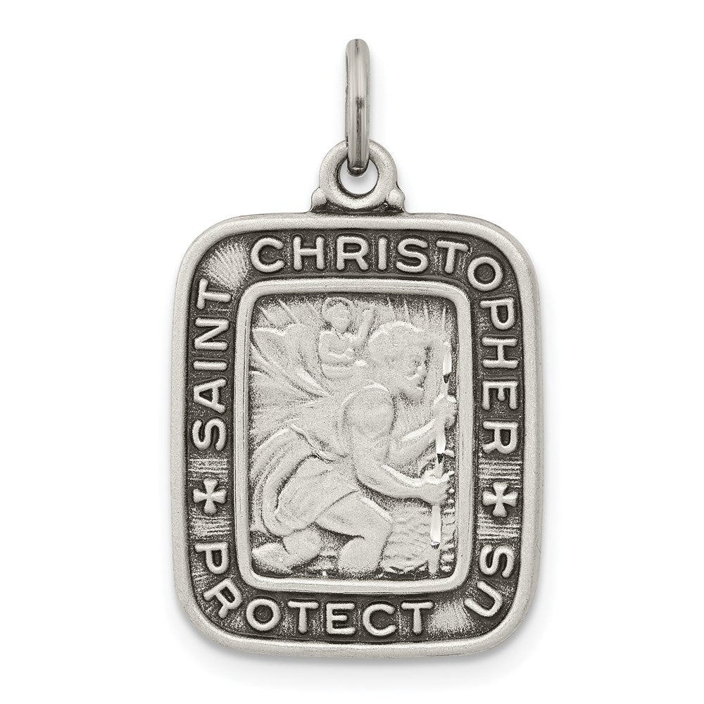 Sterling Silver Antiqued Square St. Christopher Medal Pendant, 25 x 15 mm