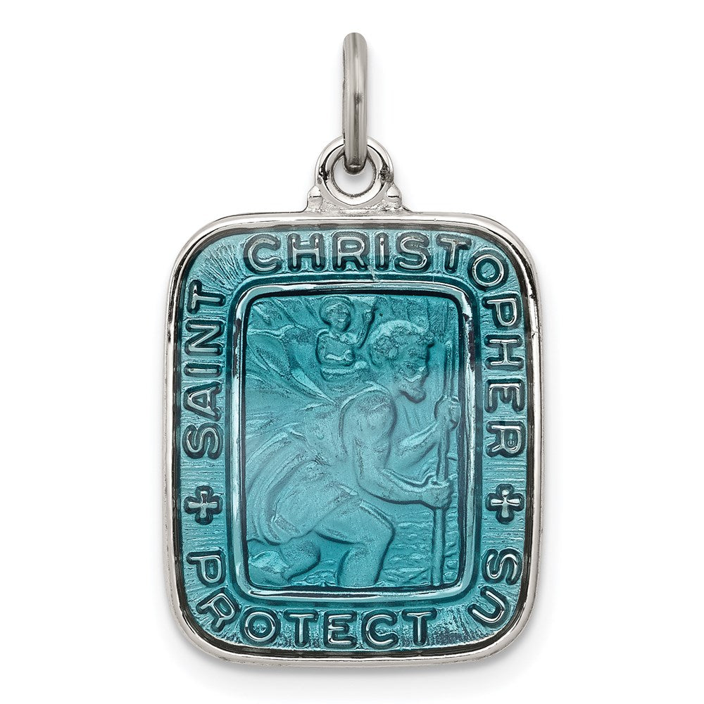 Sterling Silver Blue Enamel Square St. Christopher Medal Pendant, 25 x 15 mm